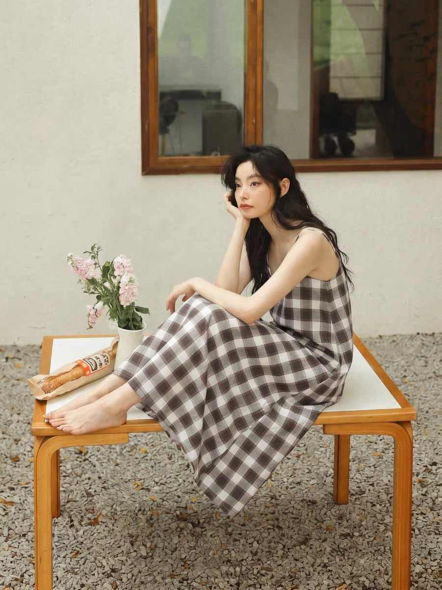 Brown Gingham Cotton Lounge Dress, Slip Dress ETCOZY