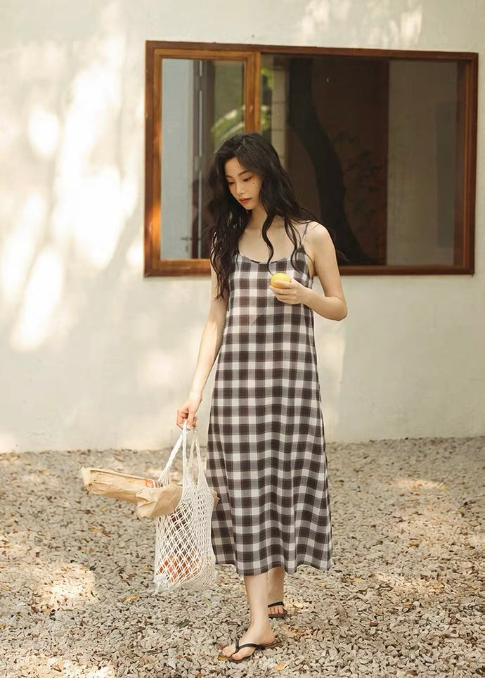 Brown Gingham Cotton Lounge Dress, Slip Dress ETCOZY