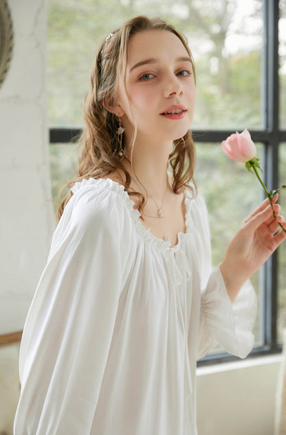 White Lace Deco Dress - Cotton Nightgown for Effortless Elegance and Cozy Loungewear, a Perfect Valentine's Day Gift
