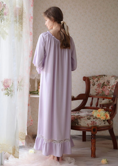 Purple Lace Deco dress, Cotton Nightgown, Purple sleepwear, Elegant nightie, Valentine's Day gift