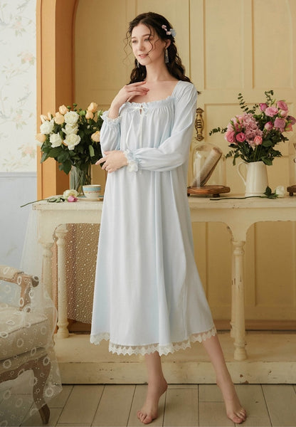 Vintage blue night gown, Elegant Lace Deco dress, Cozy cotton Nightie, Vintage nightie