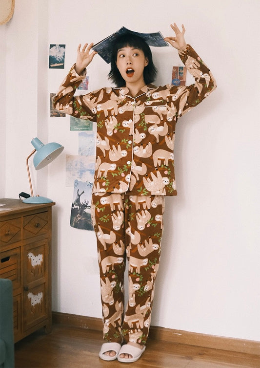 Silly slow sloth print PJS, Coffee color cotton pyjama set, 100% cotton soft sleepwear