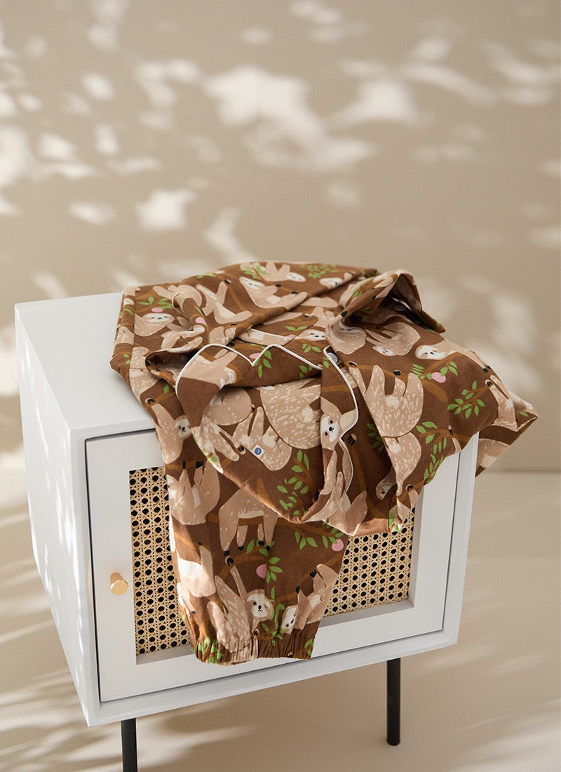 Silly slow sloth print PJS, Coffee color cotton pyjama set, 100% cotton soft sleepwear