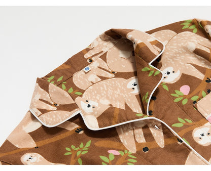 Silly slow sloth print PJS, Coffee color cotton pyjama set, 100% cotton soft sleepwear