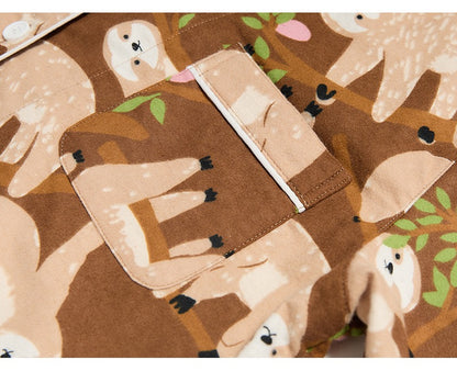 Silly slow sloth print PJS, Coffee color cotton pyjama set, 100% cotton soft sleepwear