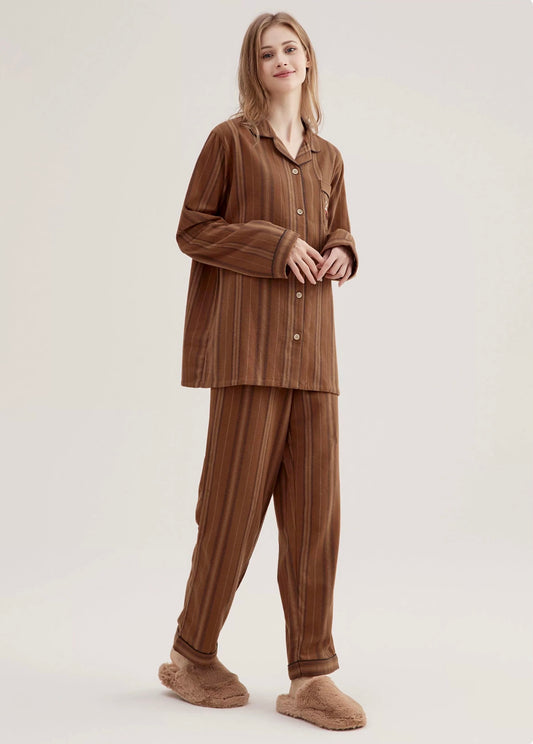 Coffee Striped Pajamas: Cotton Pajama Set - Unique Loungewear for Soft Sleepwear