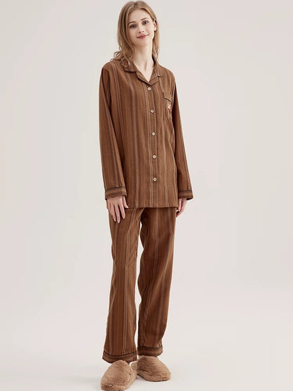 Coffee Striped Pajamas: Cotton Pajama Set - Unique Loungewear for Soft Sleepwear
