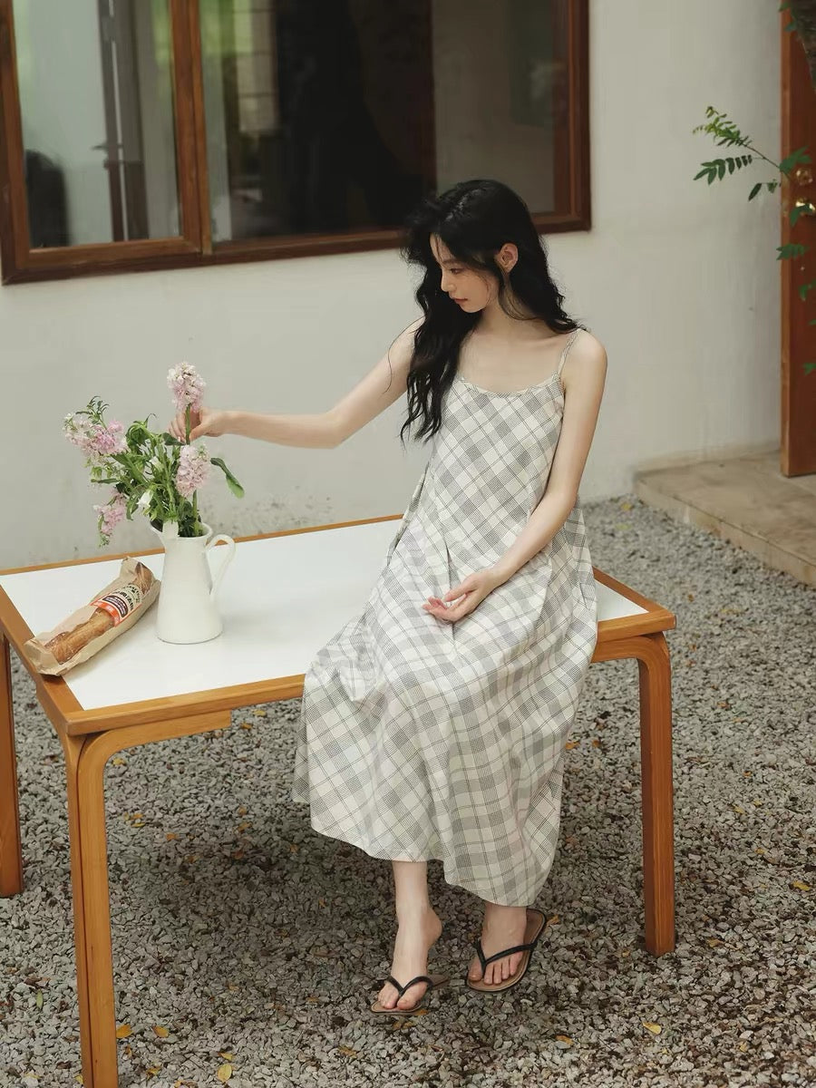 Ivory Plaid Cotton Lounge Dress, Adjustable Strap Sleep Dress with Pockets