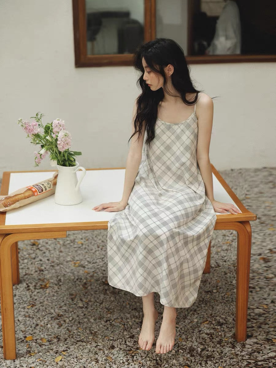 Ivory Plaid Cotton Lounge Dress, Adjustable Strap Sleep Dress with Pockets