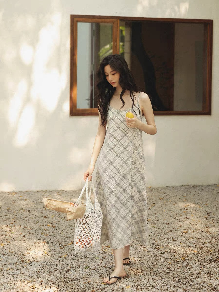 Ivory Plaid Cotton Lounge Dress, Adjustable Strap Sleep Dress with Pockets
