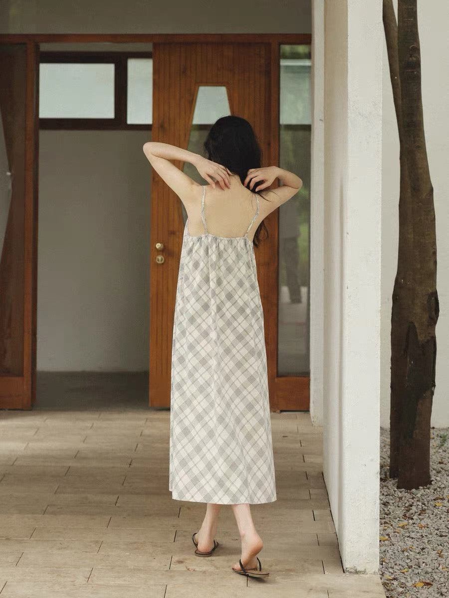 Ivory Plaid Cotton Lounge Dress, Adjustable Strap Sleep Dress with Pockets