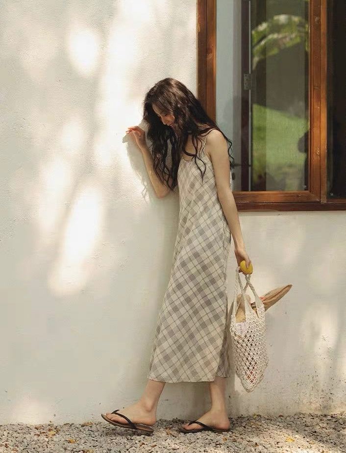 Ivory Plaid Cotton Lounge Dress, Adjustable Strap Sleep Dress with Pockets