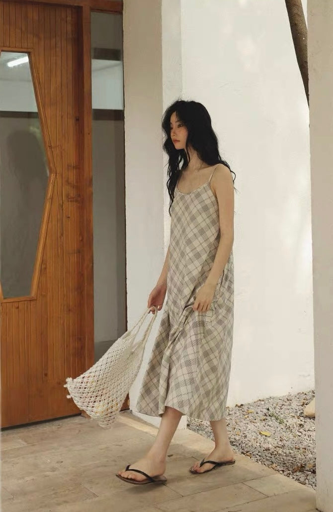 Ivory Plaid Cotton Lounge Dress, Adjustable Strap Sleep Dress with Pockets