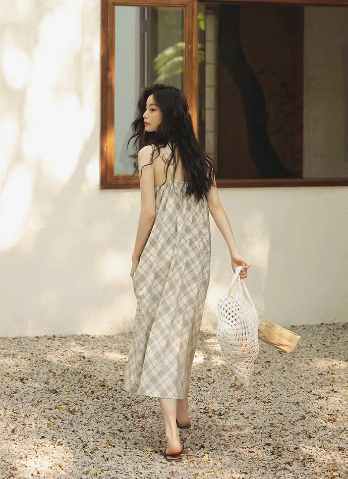 Ivory Plaid Cotton Lounge Dress, Adjustable Strap Sleep Dress with Pockets