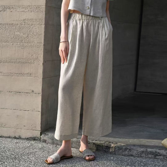 Women Straight Cut Cropped Linen Pants