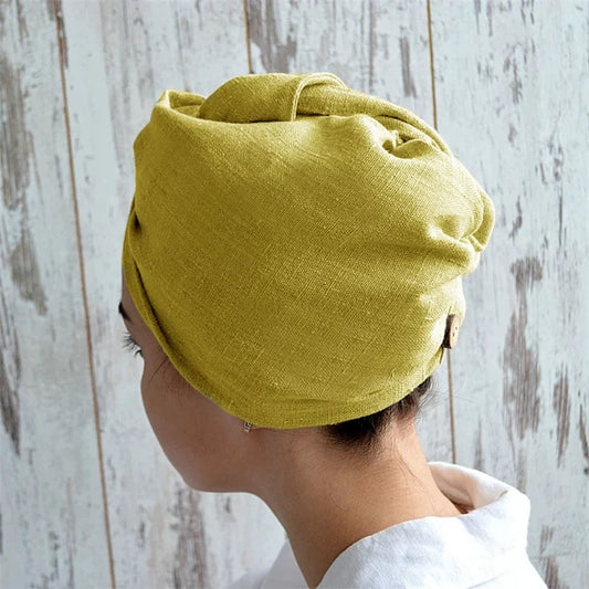 Quick Dry Linen Hair Towel – Anti-Frizz Head Wrap with Button