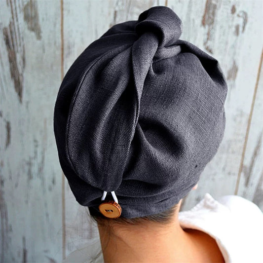 Eco Linen Hair Wrap Towel with Button – Perfect Gift for Women