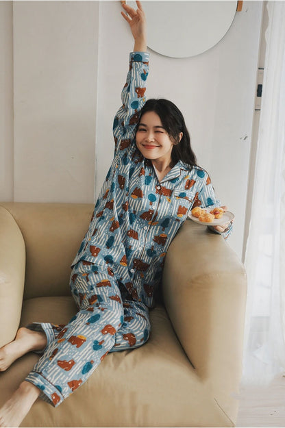 Women's Brown Bear Print Pajamas - Long Sleeve and Pants Set, Cotton comfortable Sleepwear