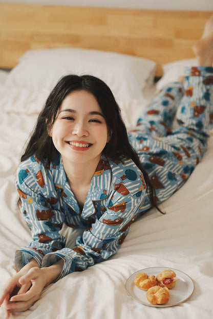 Women's Brown Bear Print Pajamas - Long Sleeve and Pants Set, Cotton comfortable Sleepwear