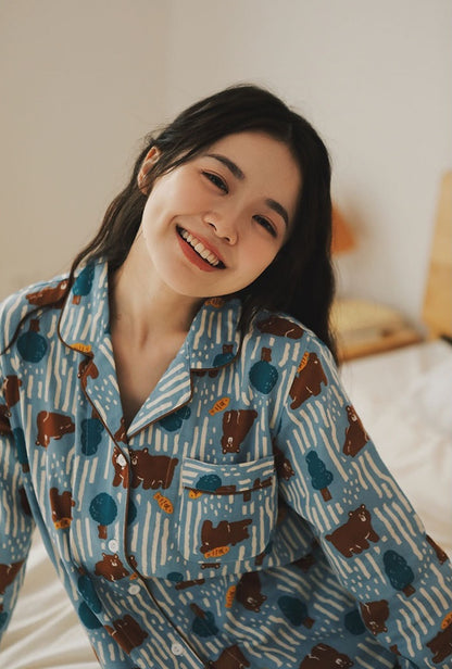 Women's Brown Bear Print Pajamas - Long Sleeve and Pants Set, Cotton comfortable Sleepwear