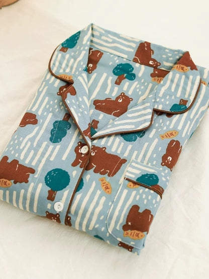 Women's Brown Bear Print Pajamas - Long Sleeve and Pants Set, Cotton comfortable Sleepwear