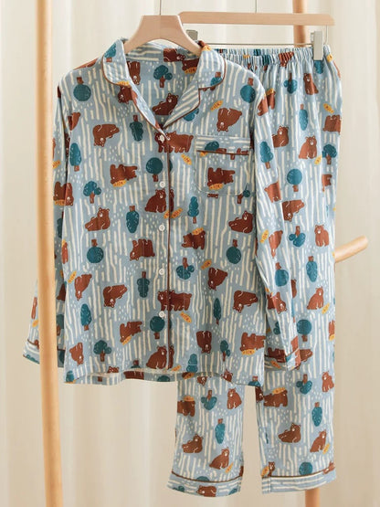 Women's Brown Bear Print Pajamas - Long Sleeve and Pants Set, Cotton comfortable Sleepwear