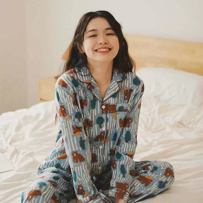 Women's Brown Bear Print Pajamas - Long Sleeve and Pants Set, Cotton comfortable Sleepwear
