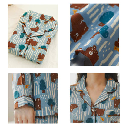 Women's Brown Bear Print Pajamas - Long Sleeve and Pants Set, Cotton comfortable Sleepwear