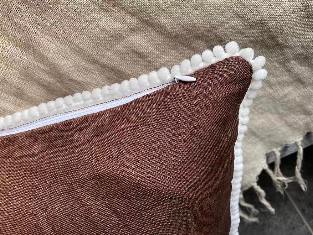 Linen Pom Pom Edge Cushion Cover, Colorful Throw Pillow Cover product photo