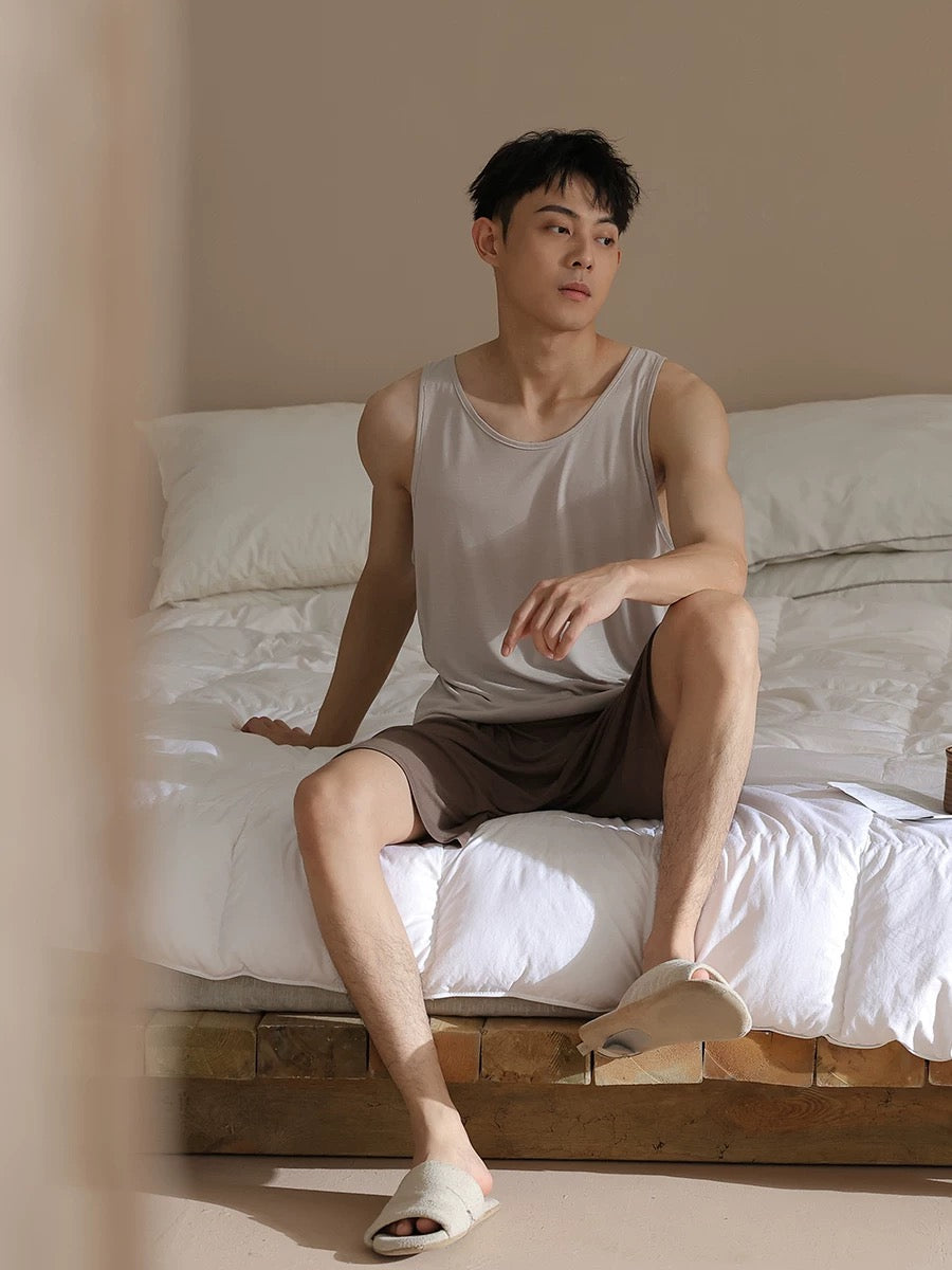 Men's lounge set, Pure Cotton tank with Pocketed Shorts, Back to school PJS
