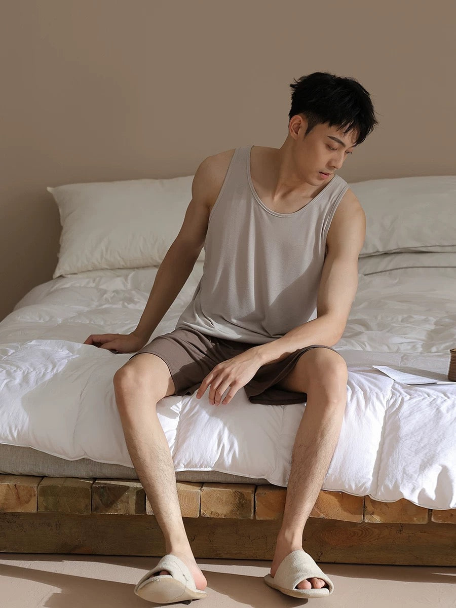 Men's lounge set, Pure Cotton tank with Pocketed Shorts, Back to school PJS
