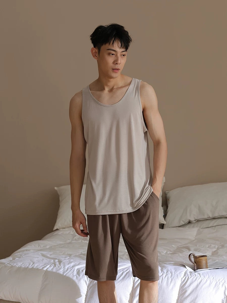Men's lounge set, Pure Cotton tank with Pocketed Shorts, Back to school PJS