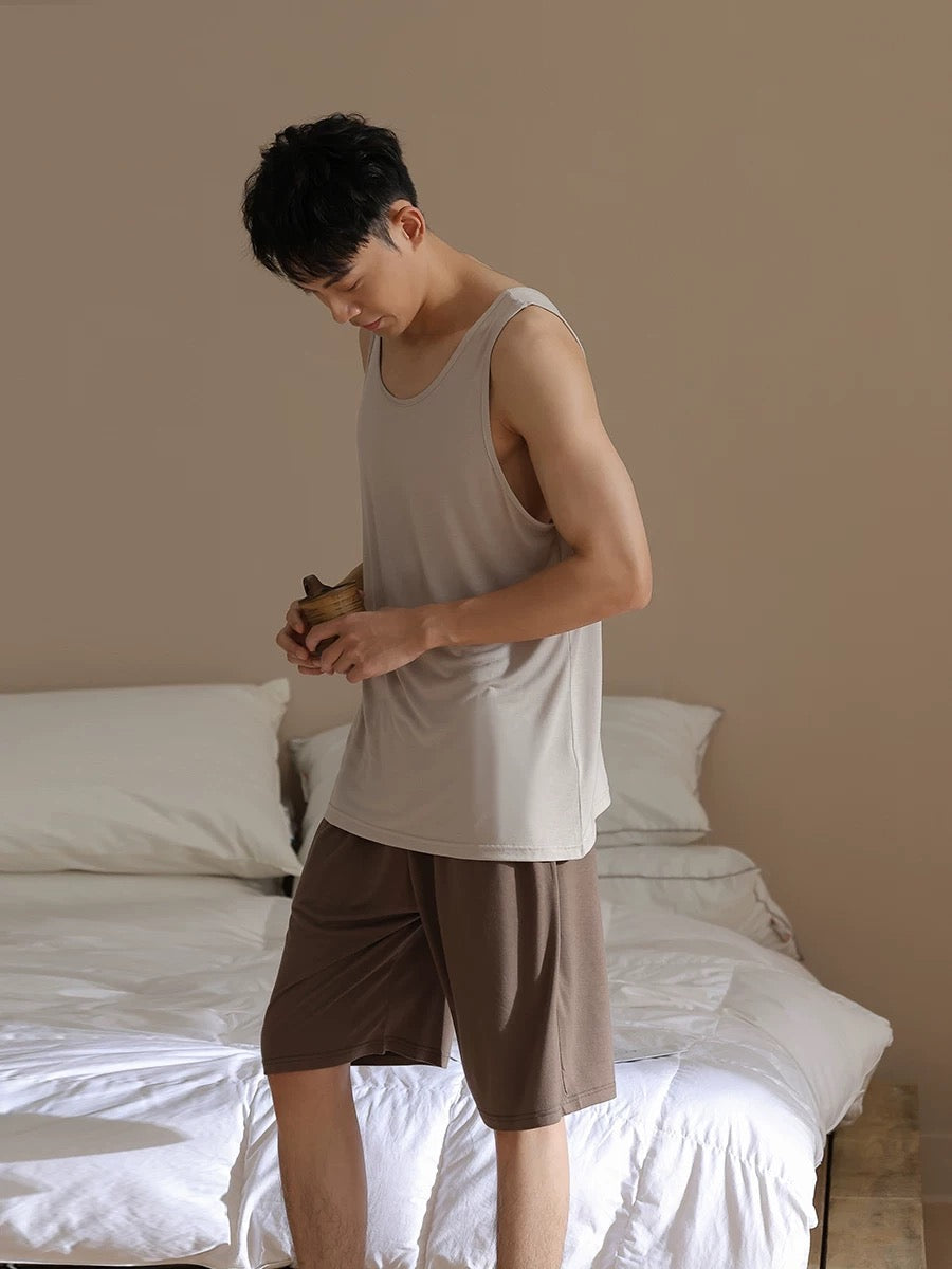 Men's lounge set, Pure Cotton tank with Pocketed Shorts, Back to school PJS
