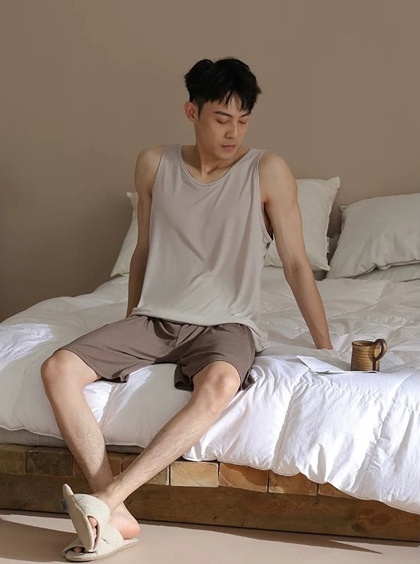 Men's lounge set, Pure Cotton tank with Pocketed Shorts, Back to school PJS