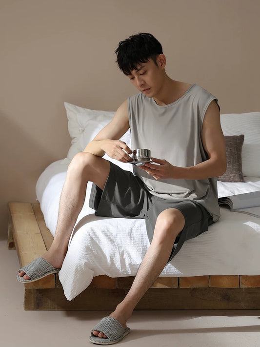 Men's lounge set, Tank with Pocketed Shorts, Minimalist PJS, Back to school