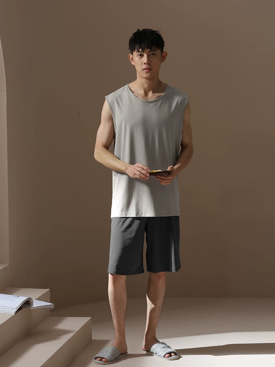 Men's lounge set, Tank with Pocketed Shorts, Minimalist PJS, Back to school