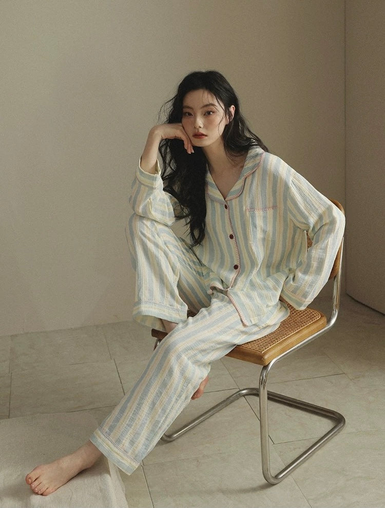 Striped Double Gauze Cotton Pajama Set for Women | Soft Loungewear
