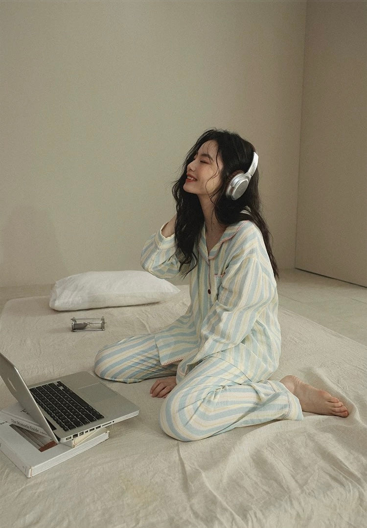 Striped Double Gauze Cotton Pajama Set for Women | Soft Loungewear