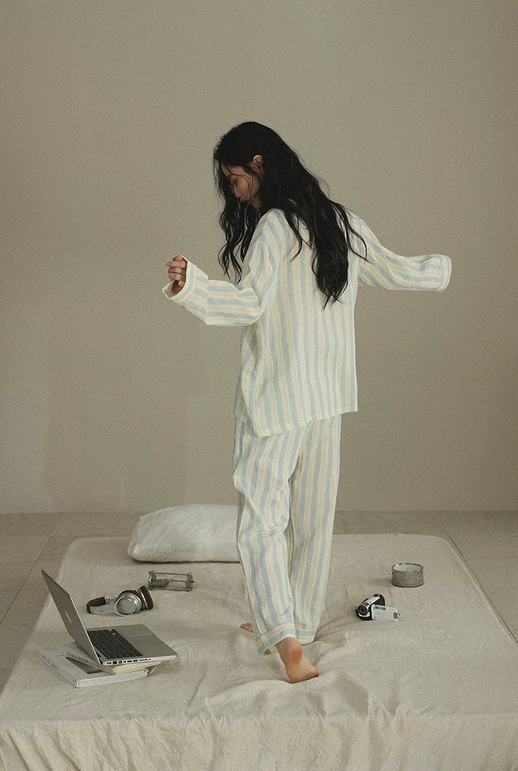 Striped Double Gauze Cotton Pajama Set for Women | Soft Loungewear
