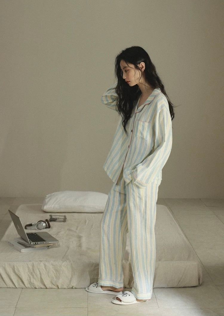 Striped Double Gauze Cotton Pajama Set for Women | Soft Loungewear