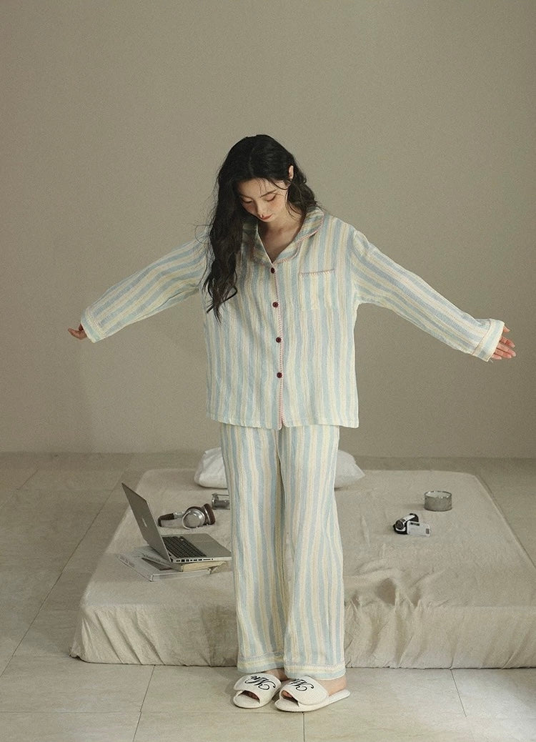 Striped Double Gauze Cotton Pajama Set for Women | Soft Loungewear