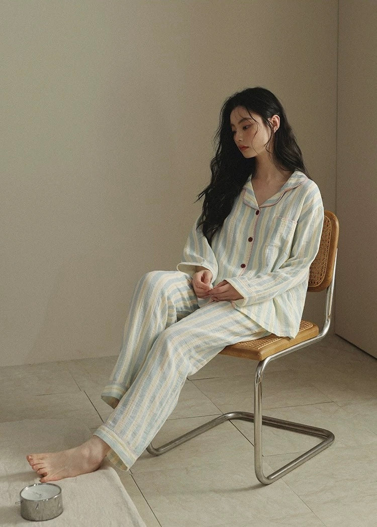 Striped Double Gauze Cotton Pajama Set for Women | Soft Loungewear