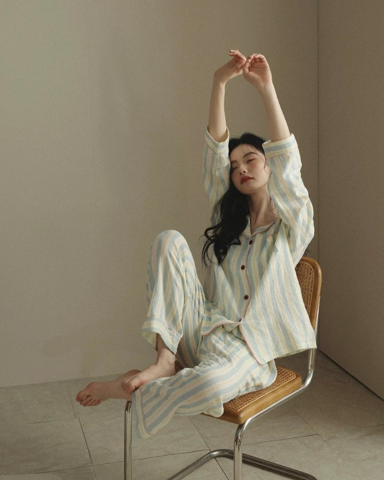 Striped Double Gauze Cotton Pajama Set for Women | Soft Loungewear