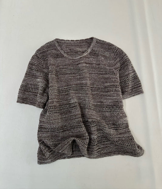 Old Money Linen Knit Tee – Ice Latte Summer Top, Hollow Sleeve