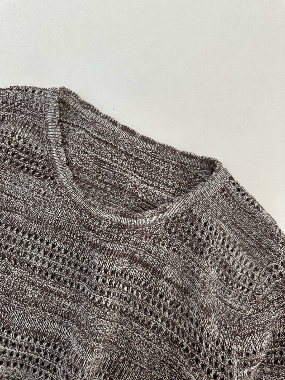 Old Money Linen Knit Tee – Ice Latte Summer Top, Hollow Sleeve
