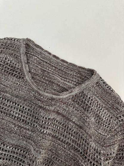 Old Money Linen Knit Tee – Ice Latte Summer Top, Hollow Sleeve