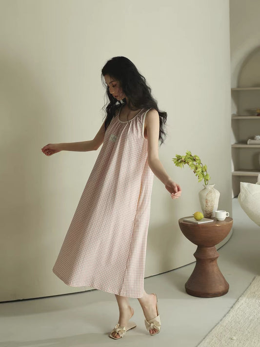 Pink Gingham Cotton Lounge Dress ETCOZY