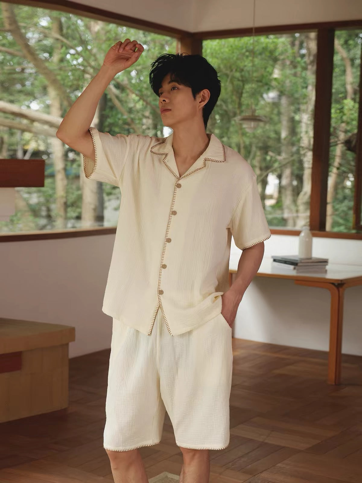 Beige Men's Cotton Gauze Pajama Set, Summer Sleepwear