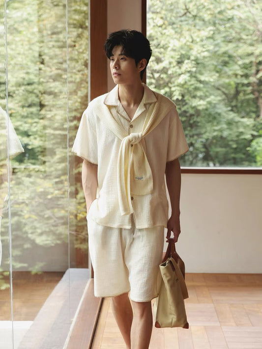 Beige Men's Cotton Gauze Pajama Set, Summer Sleepwear product photo