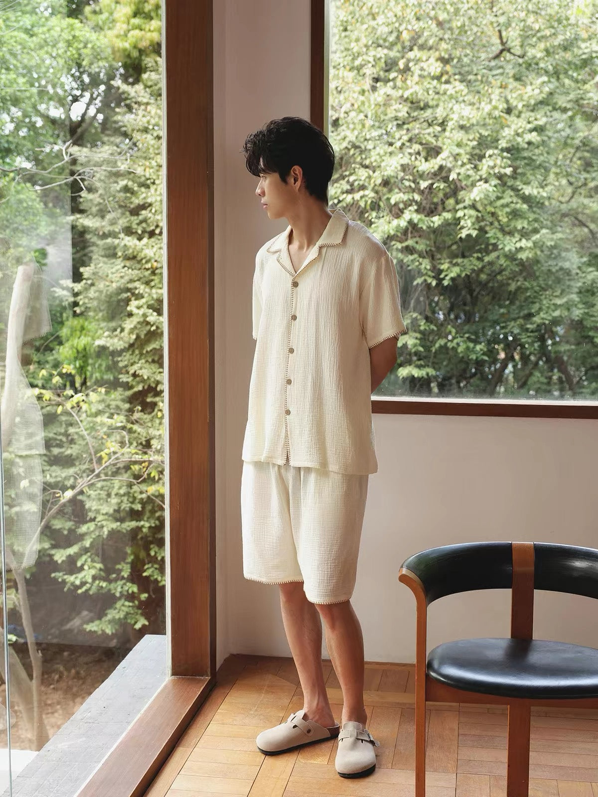 Beige Men's Cotton Gauze Pajama Set, Summer Sleepwear